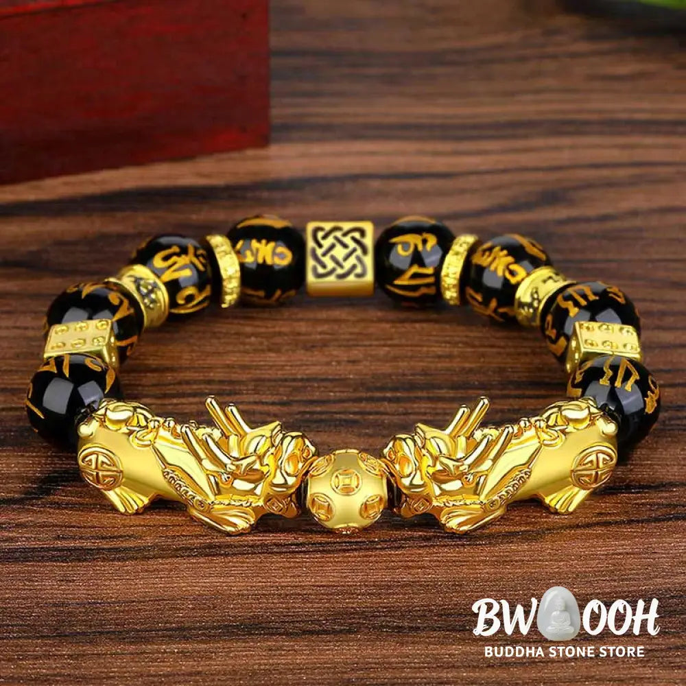 Buddha Stones FengShui Double PiXiu Obsidian Om Mani Padme Hum Wealth Bracelet - BWOOOH - 12mm(Wrist Circumference: