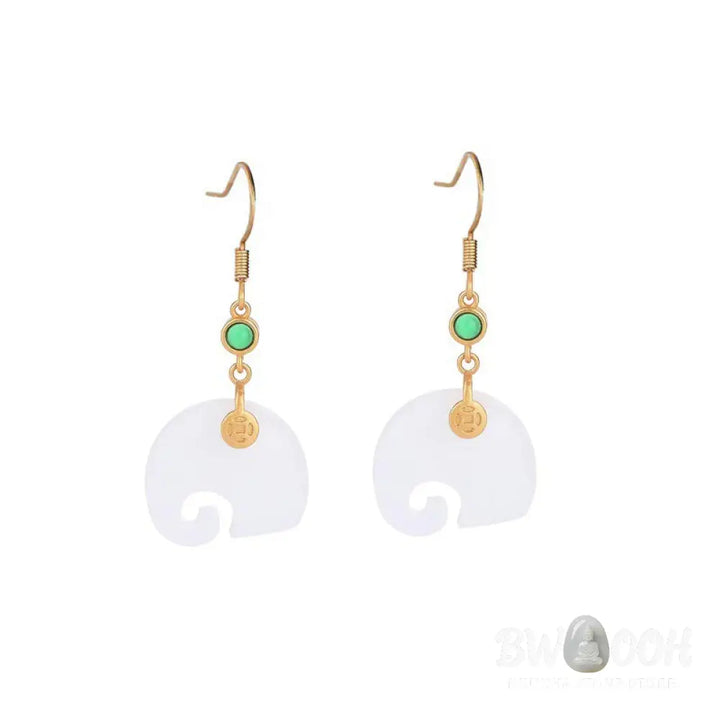 Buddha Stones FengShui Elephant White Jade Fortune Earrings - White Jade - Earrings