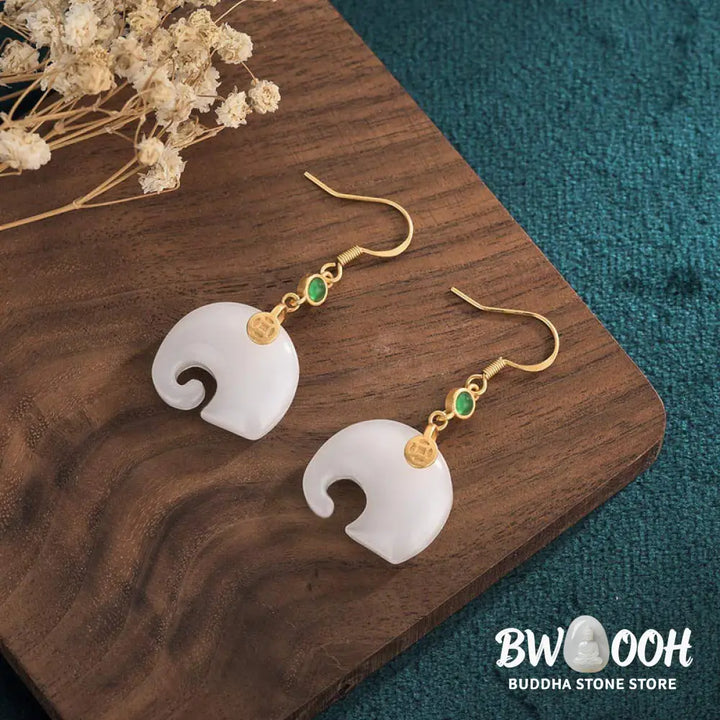 Buddha Stones FengShui Elephant White Jade Fortune Earrings - White Jade - Earrings