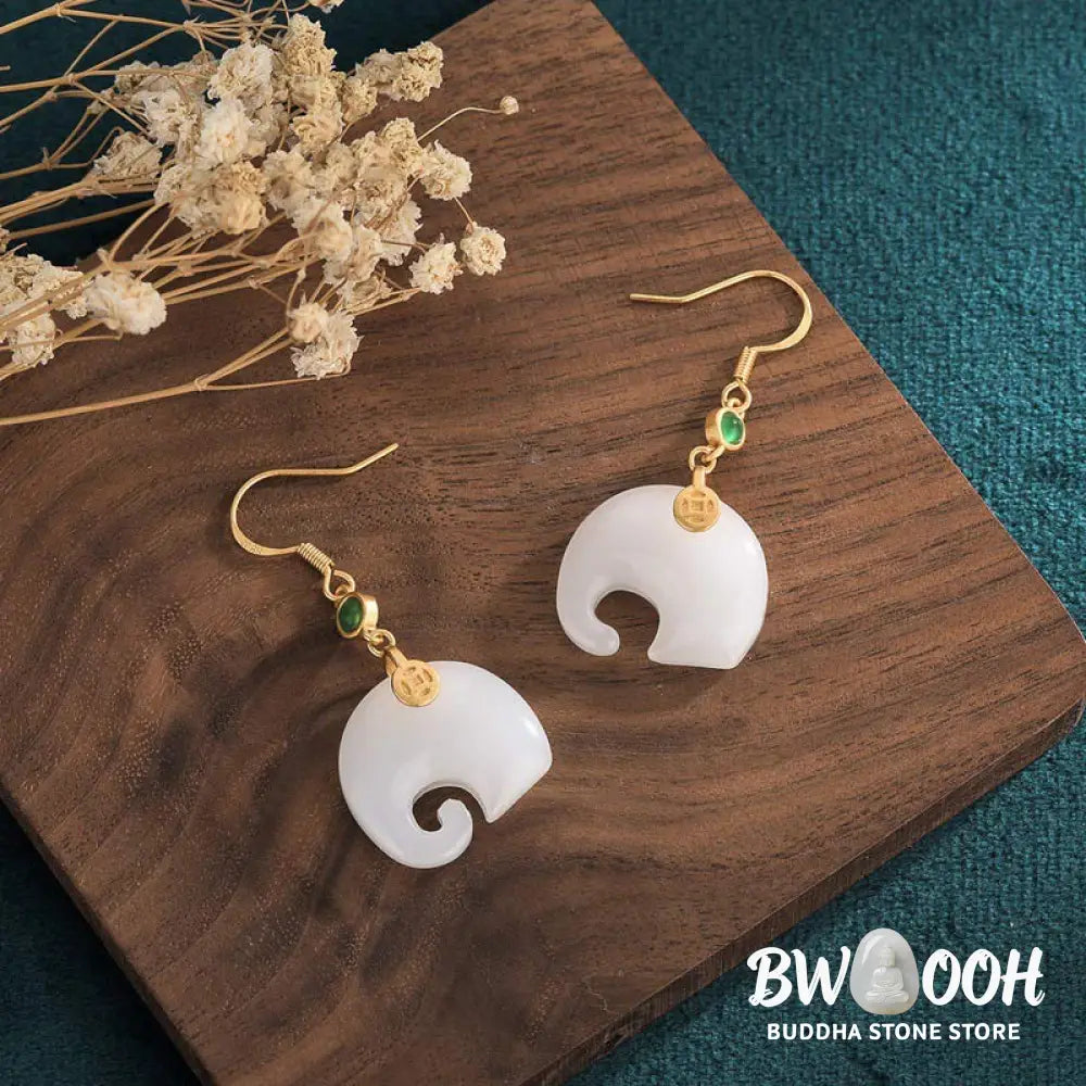 Buddha Stones FengShui Elephant White Jade Fortune Earrings - White Jade - Earrings