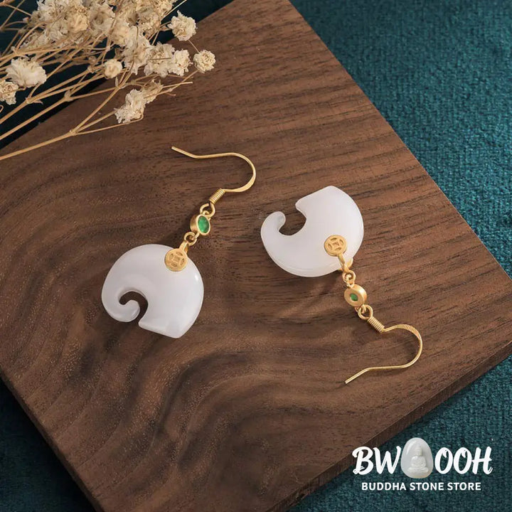 Buddha Stones FengShui Elephant White Jade Fortune Earrings - White Jade - Earrings