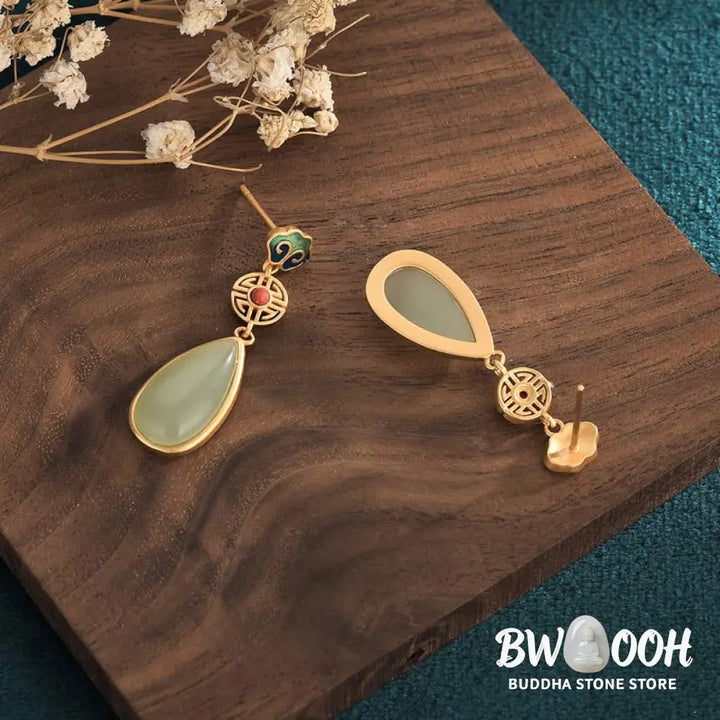 Buddha Stones FengShui Jade Double Happiness Fortune Earrings - Jade - Earrings