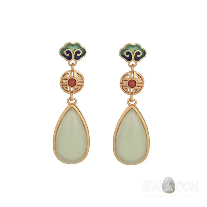 Buddha Stones FengShui Jade Double Happiness Fortune Earrings - Jade - Earrings