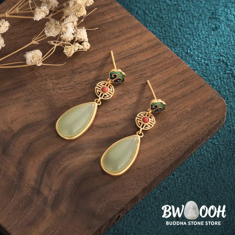 Buddha Stones FengShui Jade Double Happiness Fortune Earrings - Jade - Earrings