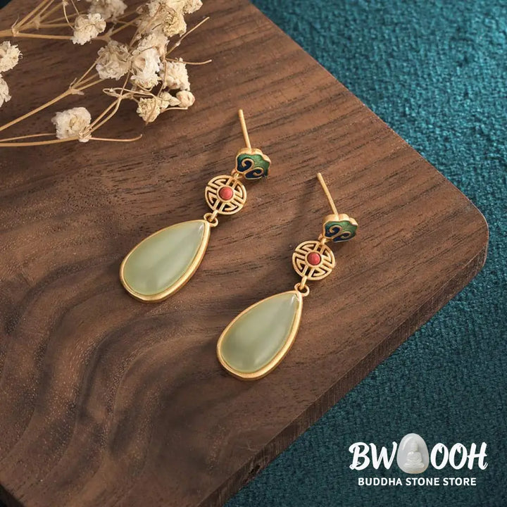 Buddha Stones FengShui Jade Double Happiness Fortune Earrings - Jade - Earrings