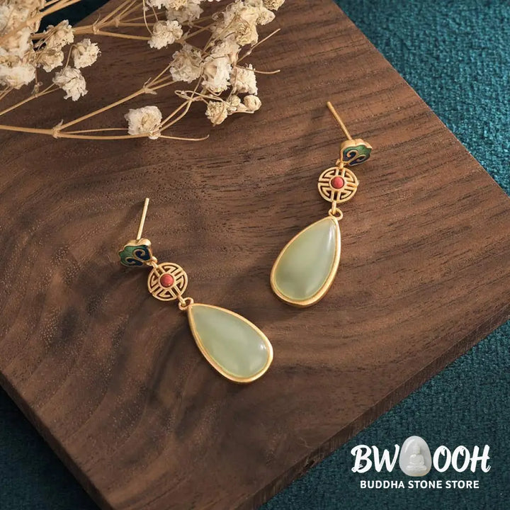 Buddha Stones FengShui Jade Double Happiness Fortune Earrings - Jade - Earrings