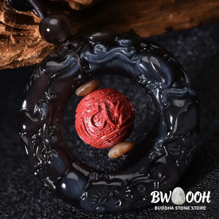 Buddha Stones FengShui Natural Rainbow Obsidian PiXiu Cinnabar Healing Necklace Pendant - BWOOOH - Rainbow Obsidian