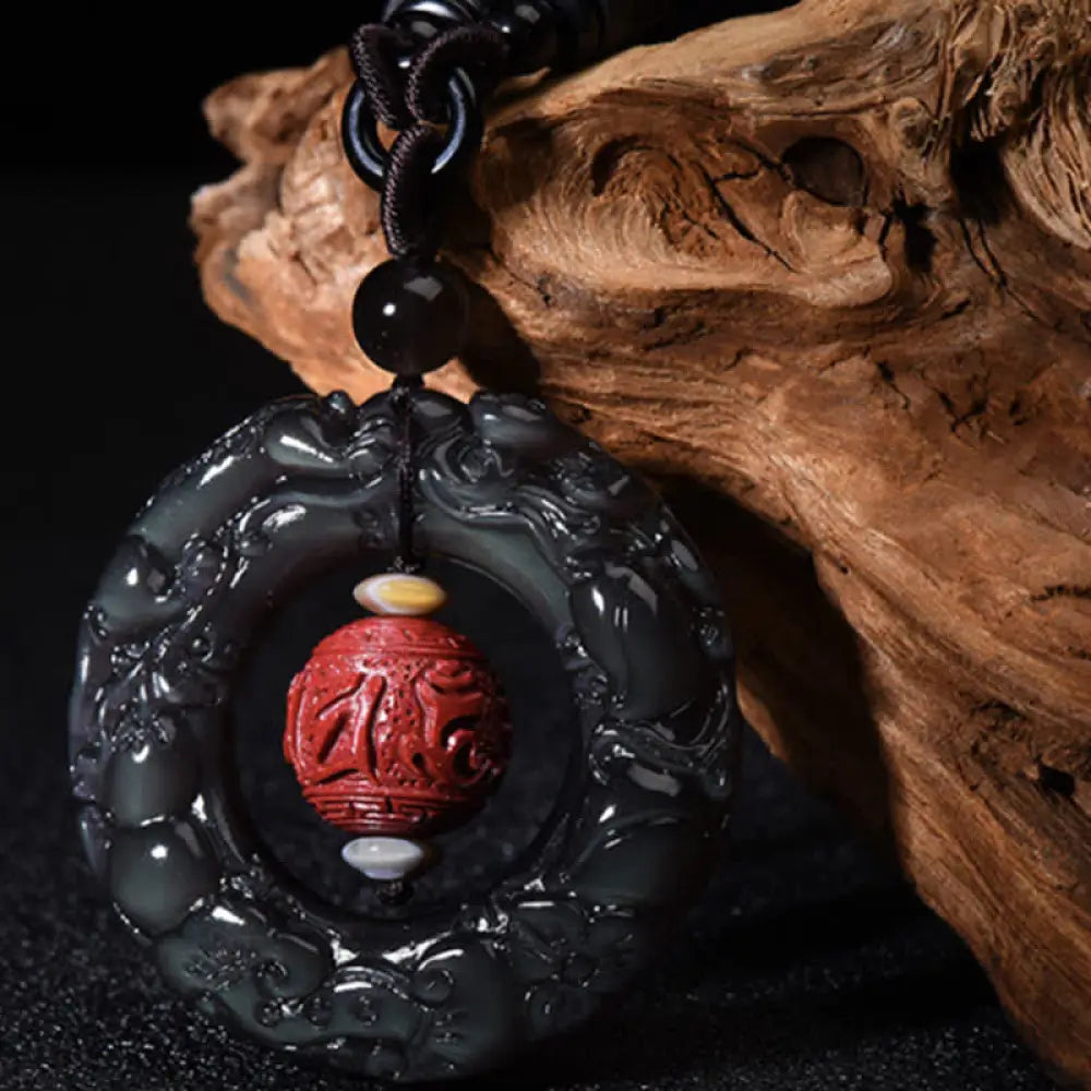 BWOOOH FengShui natural rainbow obsidian PiXiu cinnabar healing necklace pendant