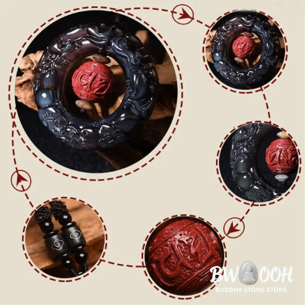 Buddha Stones FengShui Natural Rainbow Obsidian PiXiu Cinnabar Healing Necklace Pendant - BWOOOH - Rainbow Obsidian