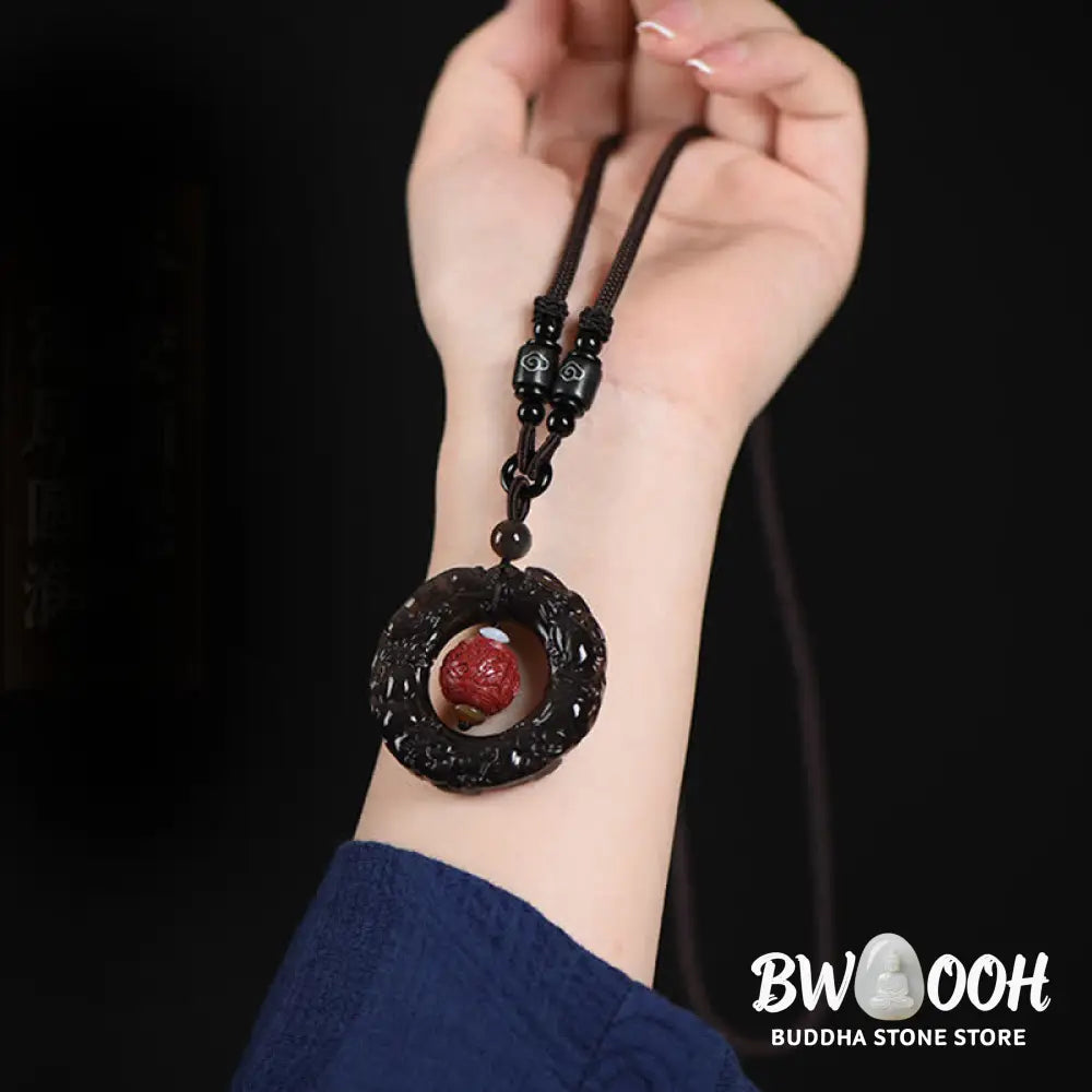 Buddha Stones FengShui Natural Rainbow Obsidian PiXiu Cinnabar Healing Necklace Pendant - BWOOOH - Rainbow Obsidian