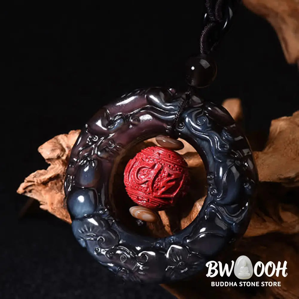 Buddha Stones FengShui Natural Rainbow Obsidian PiXiu Cinnabar Healing Necklace Pendant - BWOOOH - Rainbow Obsidian