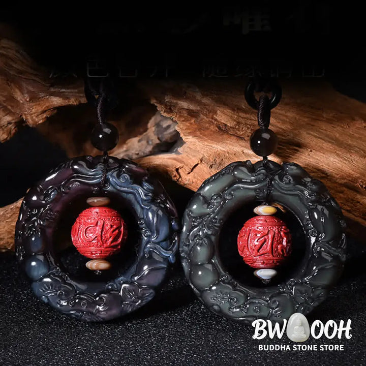 Buddha Stones FengShui Natural Rainbow Obsidian PiXiu Cinnabar Healing Necklace Pendant - BWOOOH - Rainbow Obsidian