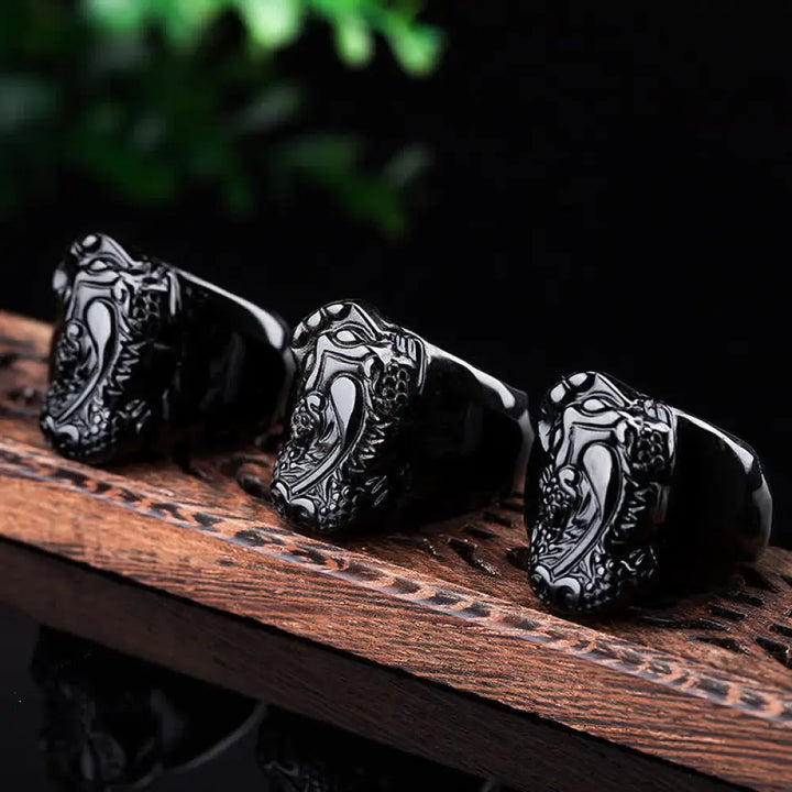 BWOOOH FengShui PiXiu Black Obsidian Strength Ring — PiXiu feng shui bracelet for spiritual healing and mindful living