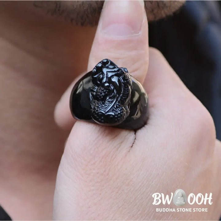 Buddha Stones FengShui PiXiu Black Obsidian Strength Ring - Ring