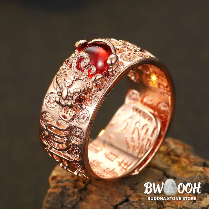 Buddha Stones FengShui PiXiu Red Garnet Heart Sutra Wealth Ring - BWOOOH - Ring