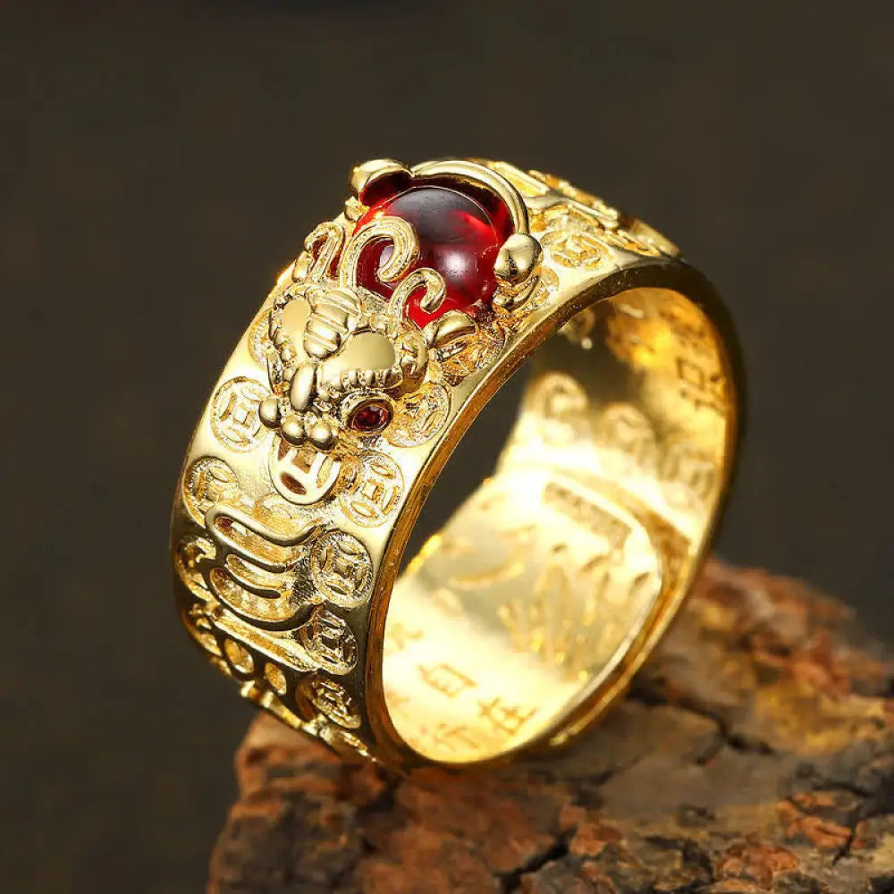 BWOOOH FengShui PiXiu Red Garnet Heart Sutra Wealth Ring — PiXiu feng shui bracelet for spiritual healing and mindful living