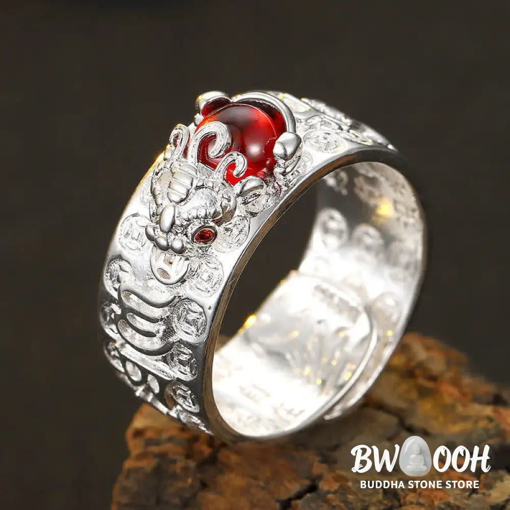 Buddha Stones FengShui PiXiu Red Garnet Heart Sutra Wealth Ring - BWOOOH - Ring