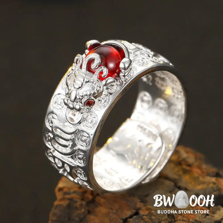 Buddha Stones FengShui PiXiu Red Garnet Heart Sutra Wealth Ring - BWOOOH - Ring