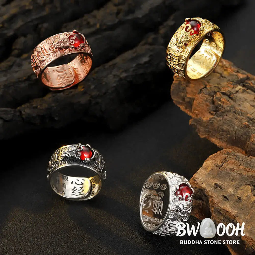 Buddha Stones FengShui PiXiu Red Garnet Heart Sutra Wealth Ring - BWOOOH - Ring