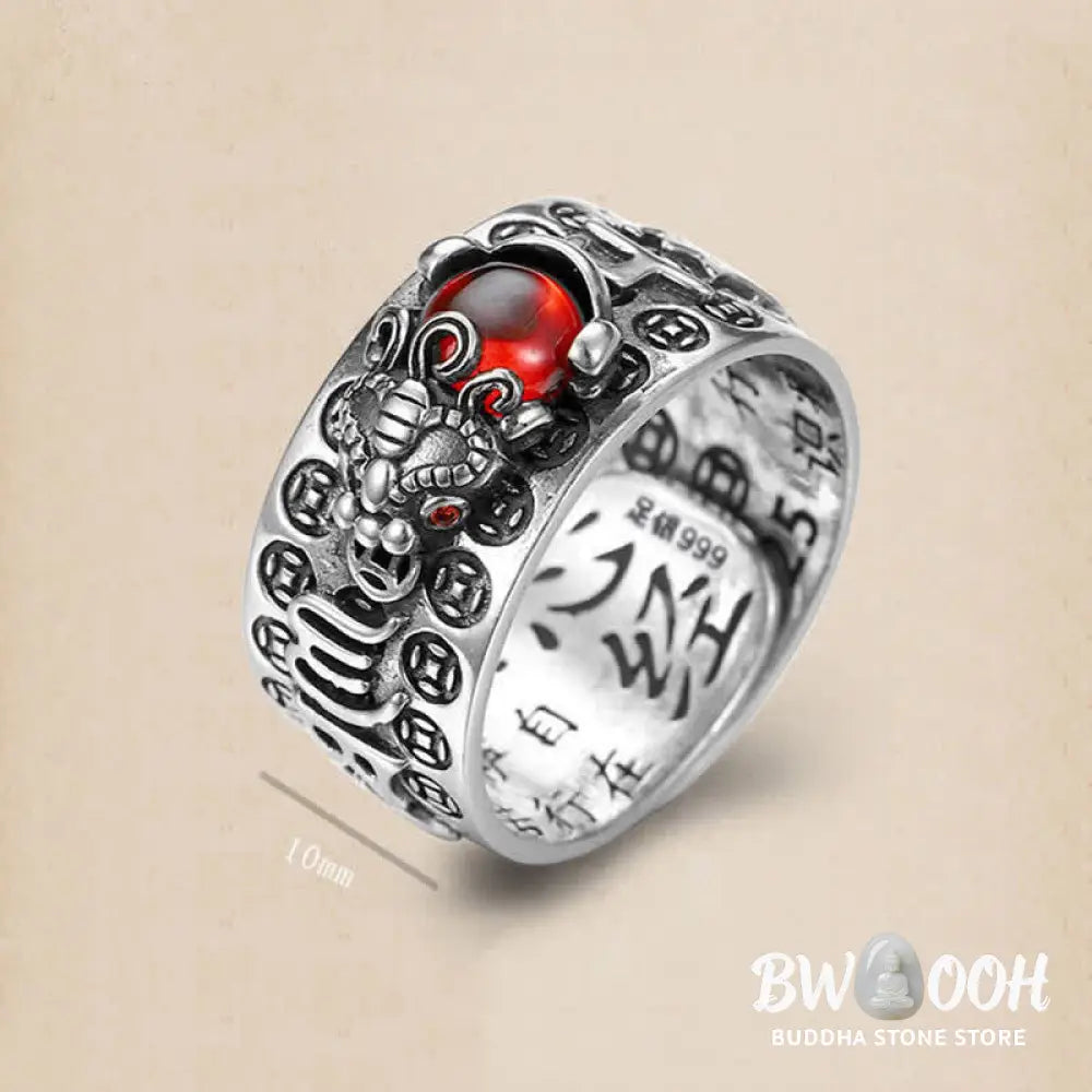Buddha Stones FengShui PiXiu Red Garnet Heart Sutra Wealth Ring - BWOOOH - Ring