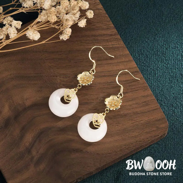 Buddha Stones FengShui White Jade Blessing Drop Earrings - Earrings