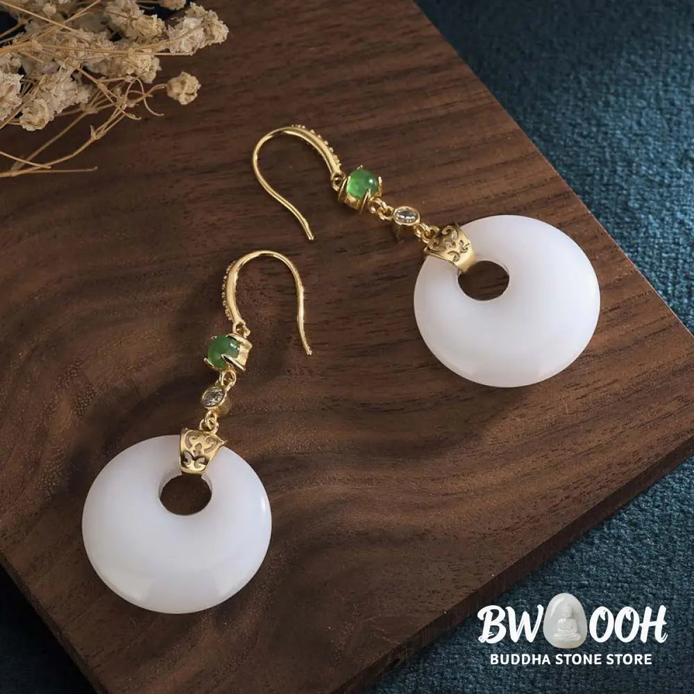 Buddha Stones FengShui White Jade Blessing Drop Earrings - Earrings
