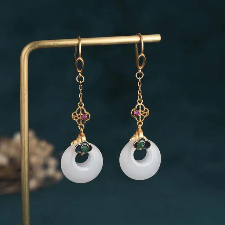 Buddha Stones FengShui White Jade Blessing Drop Earrings - 3 - Earrings