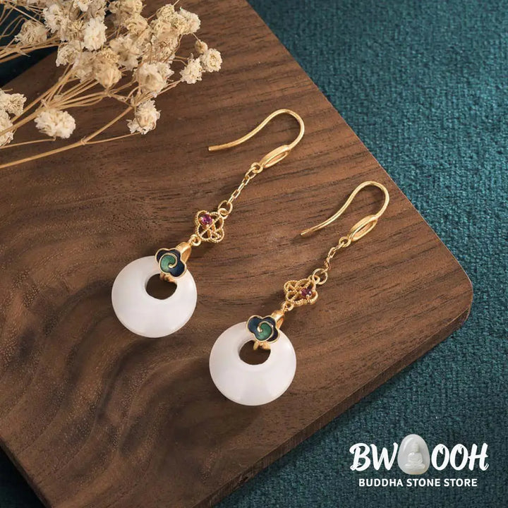 Buddha Stones FengShui White Jade Blessing Drop Earrings - Earrings