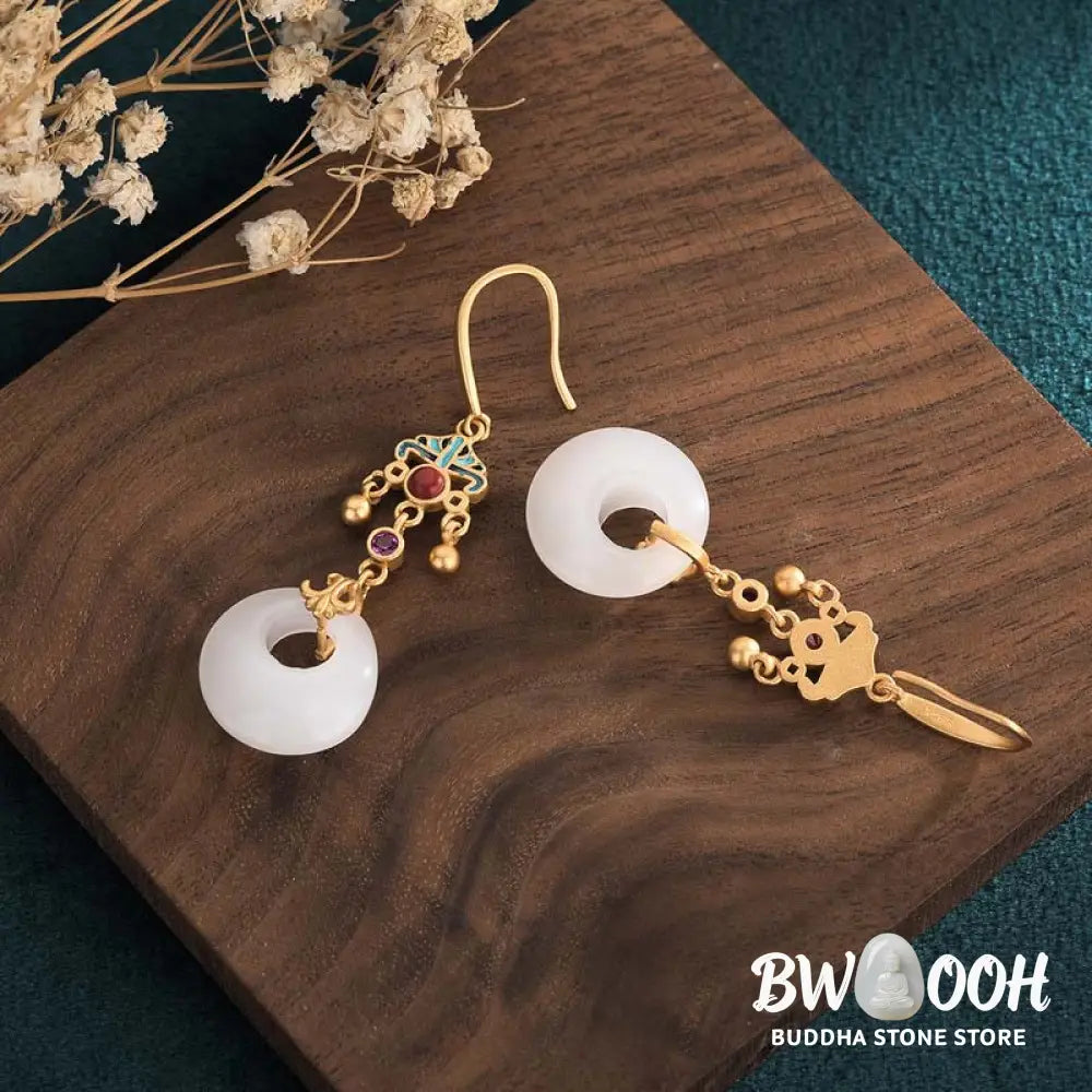 Buddha Stones FengShui White Jade Blessing Drop Earrings - Earrings