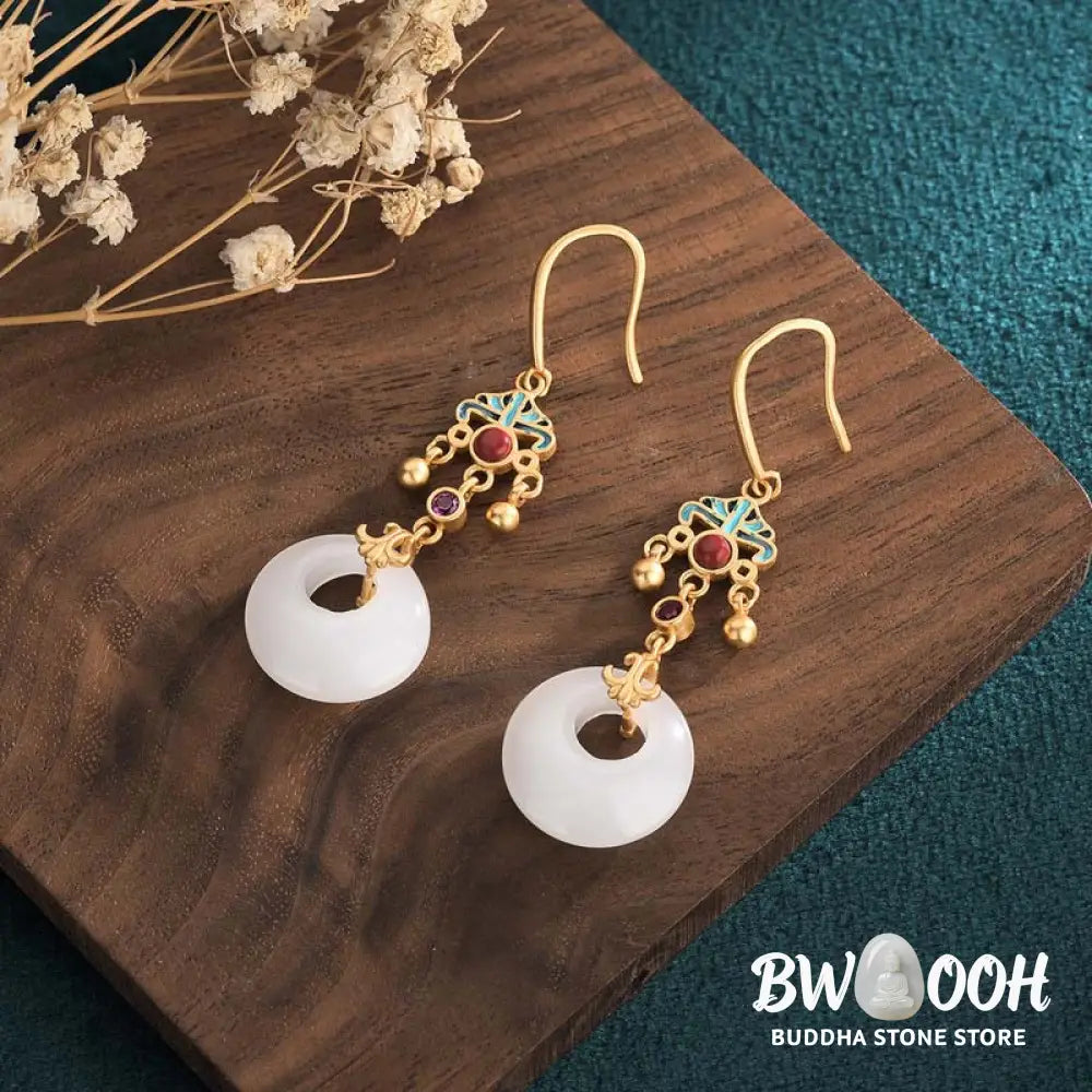Buddha Stones FengShui White Jade Blessing Drop Earrings - Earrings