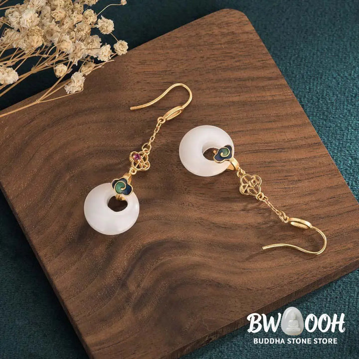 Buddha Stones FengShui White Jade Blessing Drop Earrings - Earrings