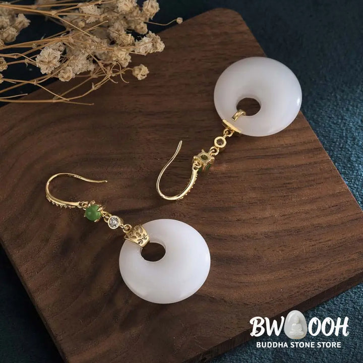 Buddha Stones FengShui White Jade Blessing Drop Earrings - Earrings
