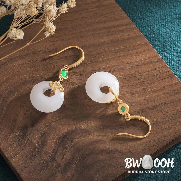 Buddha Stones FengShui White Jade Blessing Drop Earrings - Earrings