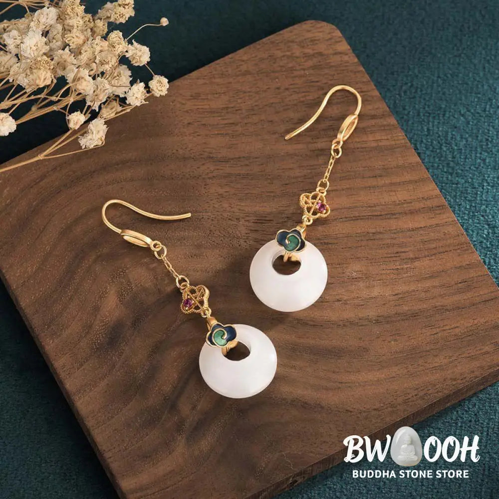 Buddha Stones FengShui White Jade Blessing Drop Earrings - Earrings