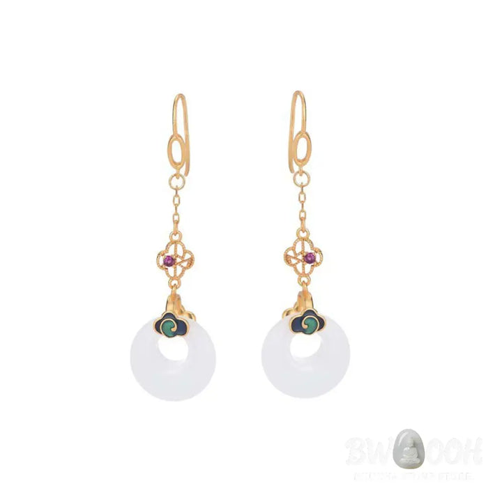 Buddha Stones FengShui White Jade Blessing Drop Earrings - Earrings