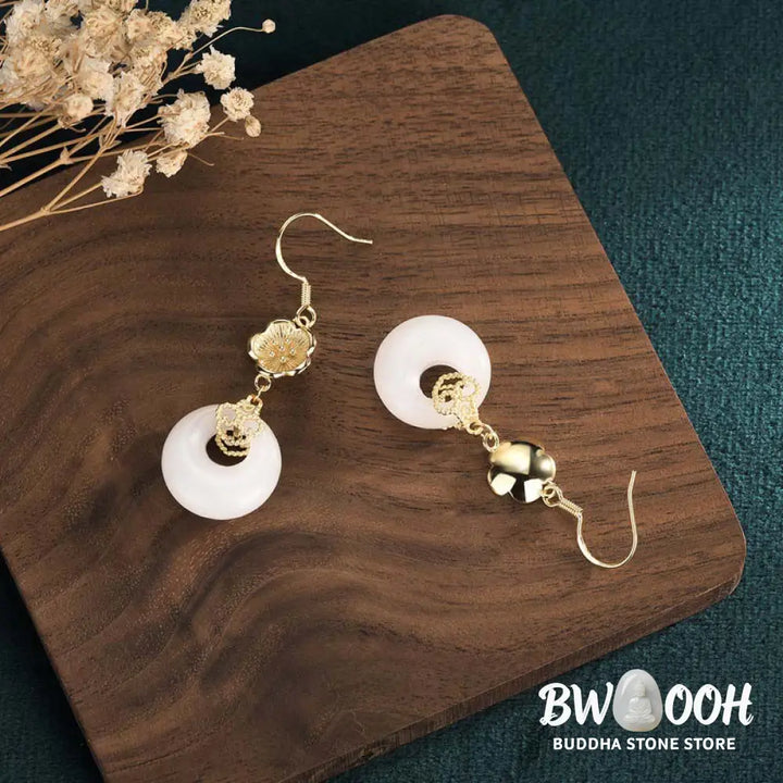 Buddha Stones FengShui White Jade Blessing Drop Earrings - Earrings