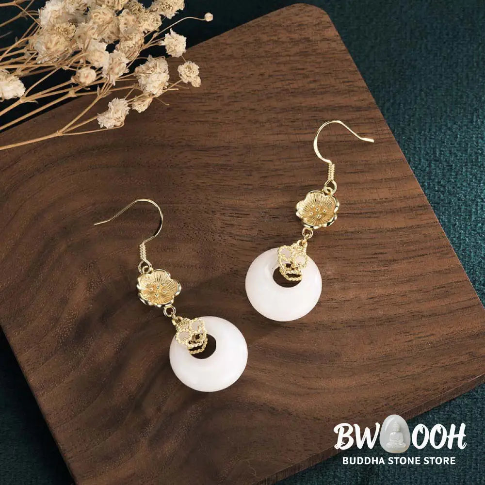 Buddha Stones FengShui White Jade Blessing Drop Earrings - Earrings
