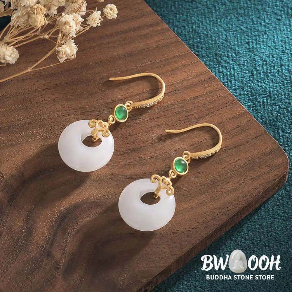 Buddha Stones FengShui White Jade Blessing Drop Earrings - Earrings