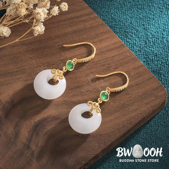 Buddha Stones FengShui White Jade Blessing Drop Earrings - Earrings