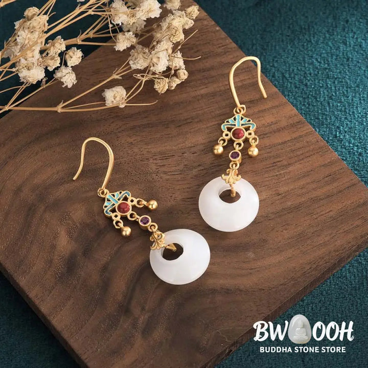 Buddha Stones FengShui White Jade Blessing Drop Earrings - Earrings