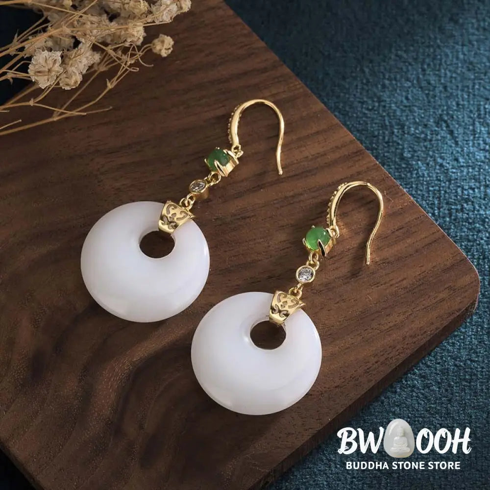 Buddha Stones FengShui White Jade Blessing Drop Earrings - Earrings