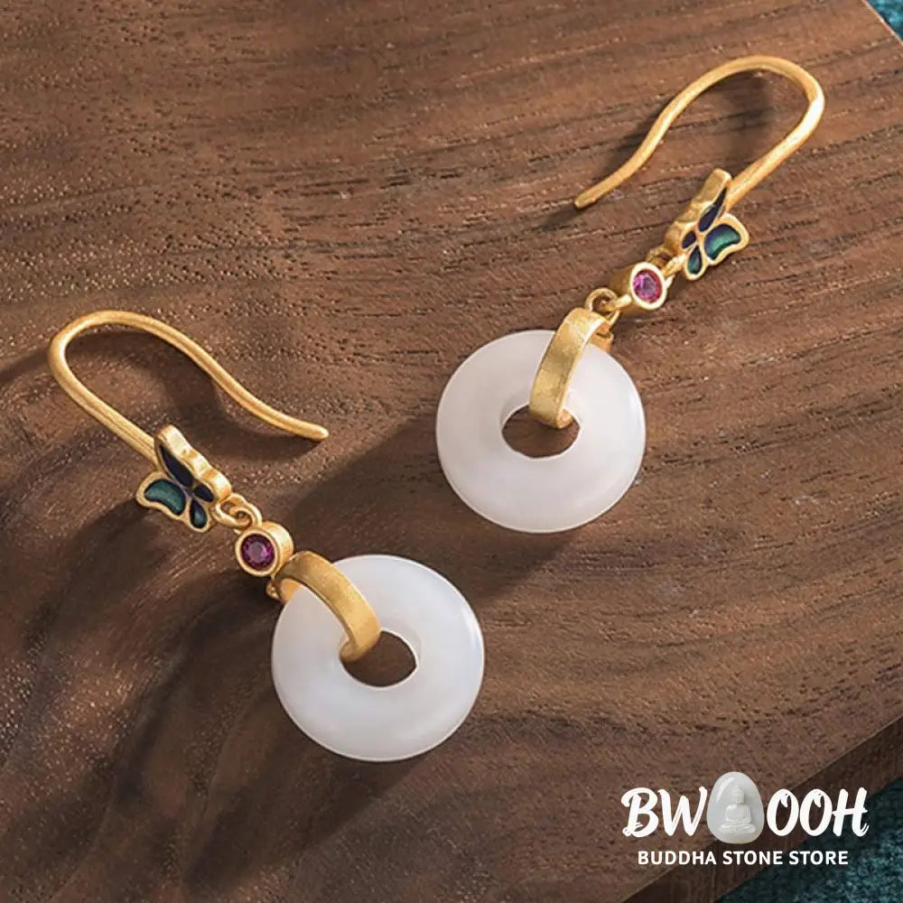 Buddha Stones FengShui White Jade Butterfly Fortune Earrings - White Jade - Earrings