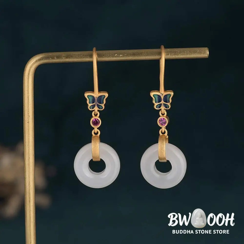 Buddha Stones FengShui White Jade Butterfly Fortune Earrings - White Jade - Earrings