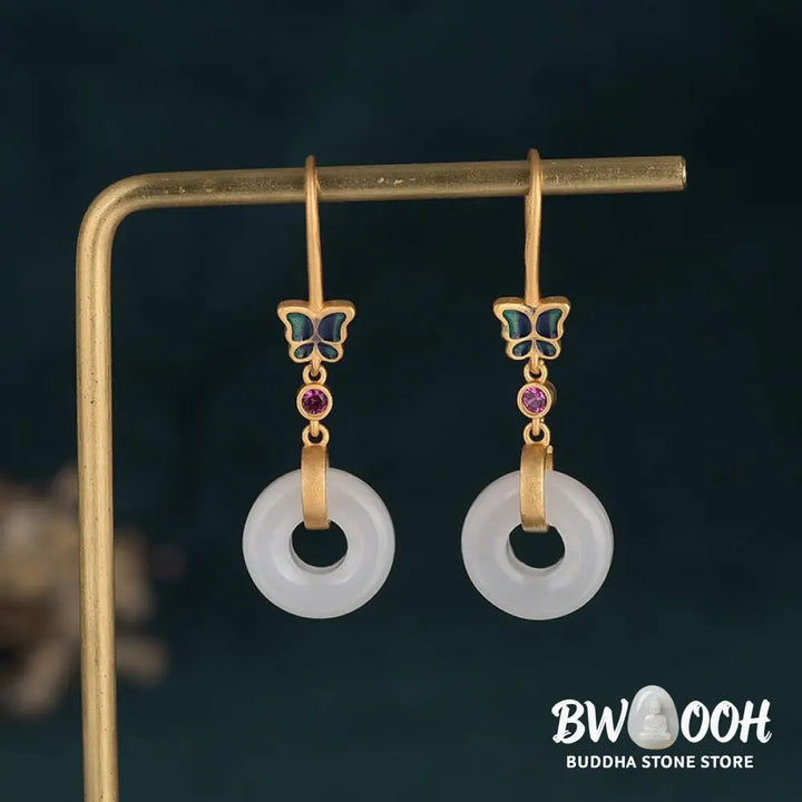 Buddha Stones FengShui White Jade Butterfly Fortune Earrings - White Jade - Earrings
