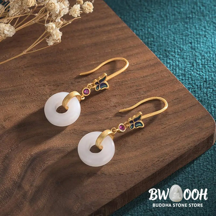 Buddha Stones FengShui White Jade Butterfly Fortune Earrings - White Jade - Earrings