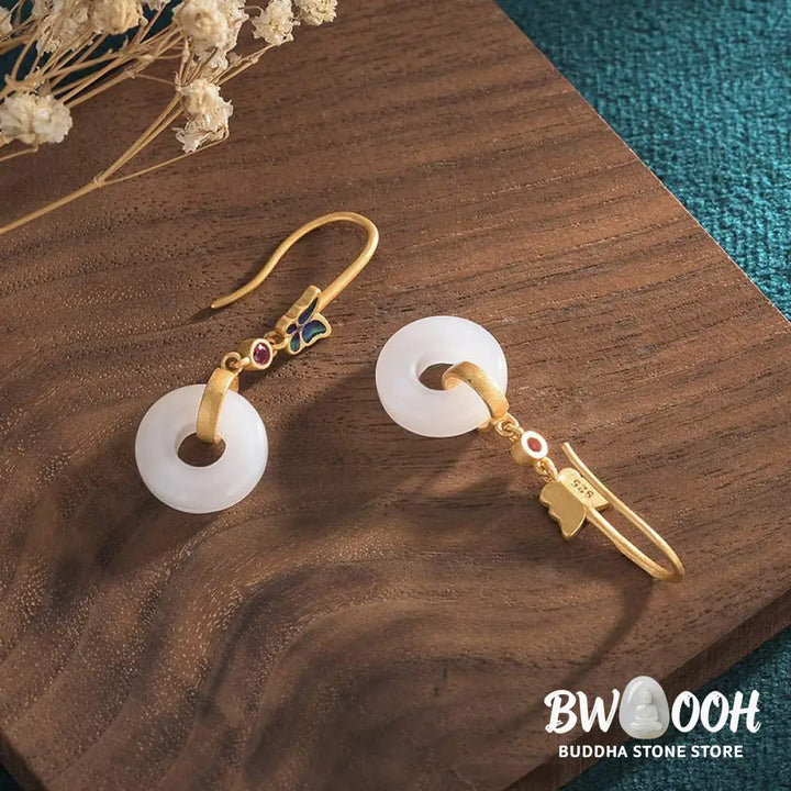 Buddha Stones FengShui White Jade Butterfly Fortune Earrings - White Jade - Earrings