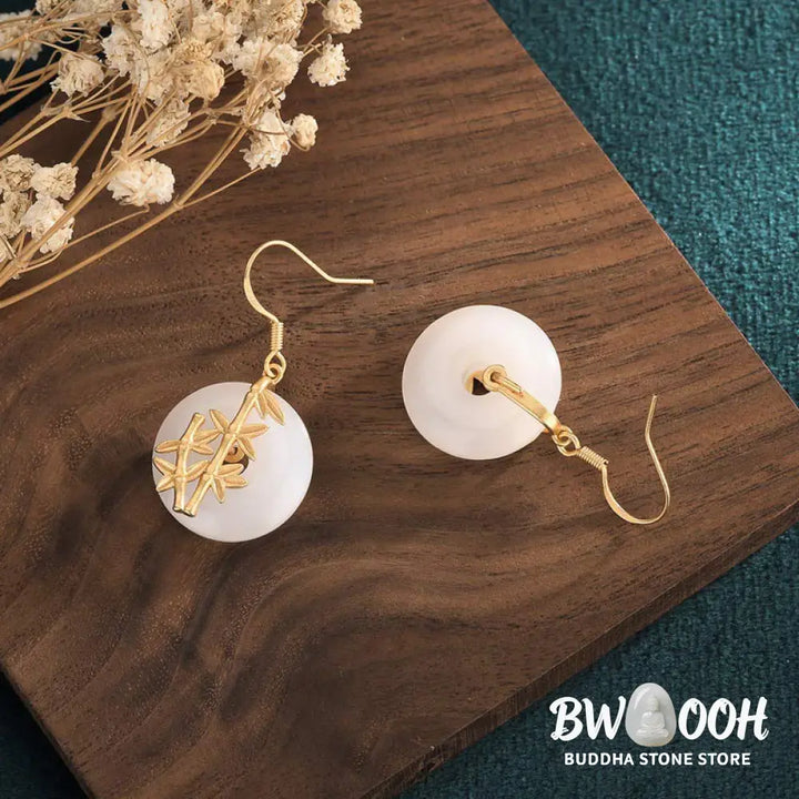Buddha Stones FengShui White Jade Fortune Earrings - White Jade - Earrings