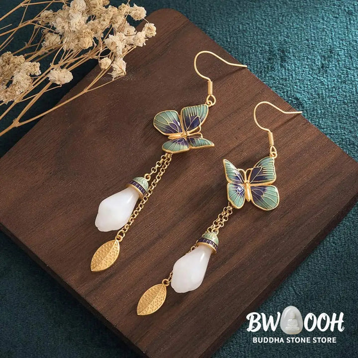 Buddha Stones FengShui White Jade Fortune Earrings - White Jade - Earrings