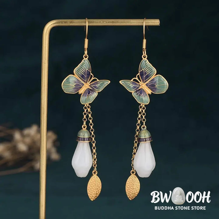 Buddha Stones FengShui White Jade Fortune Earrings - White Jade - Earrings