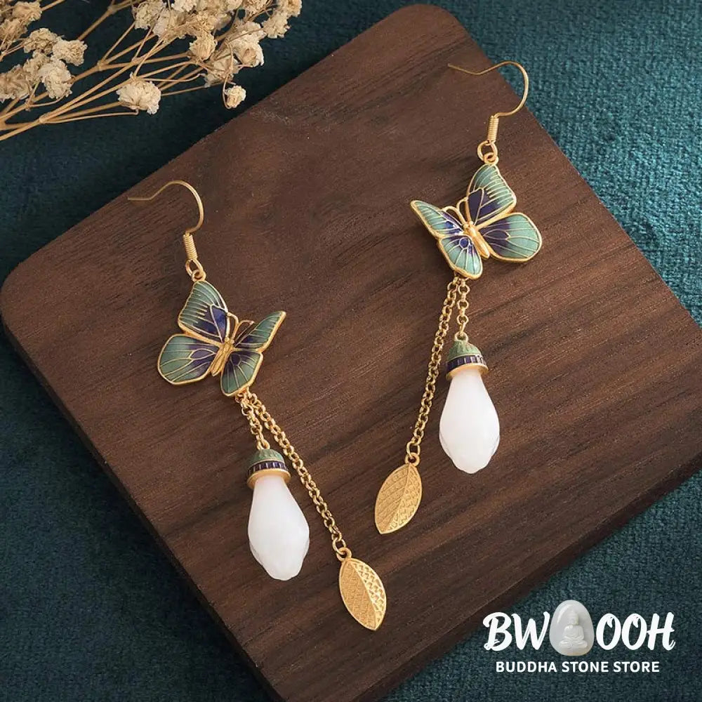 Buddha Stones FengShui White Jade Fortune Earrings - White Jade - Earrings